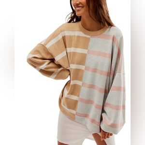 Free People Uptown Stripe Pullover Sweater - Women's Size Medium Camel/Gray